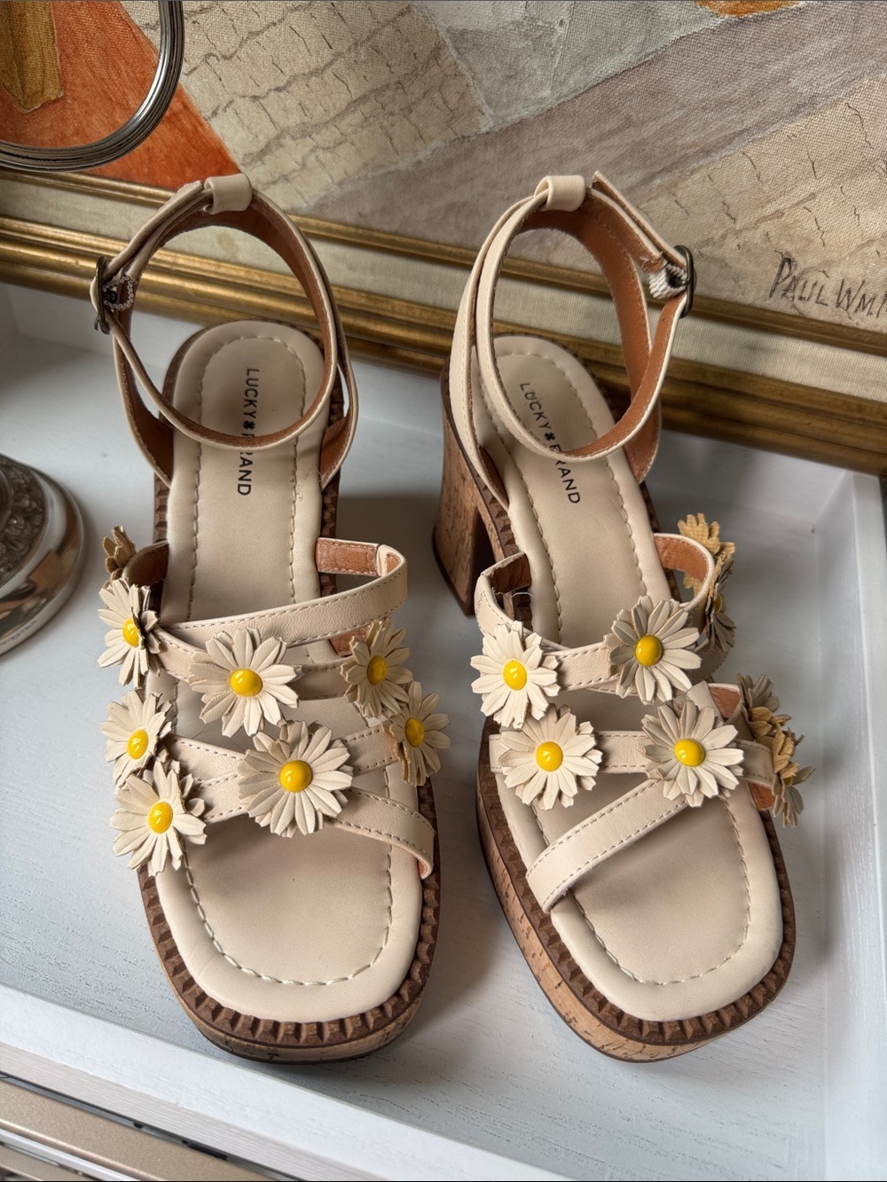 Lucky Brand Taiza Daisy Heel Cream Wedge Sandals with Yellow Daisy Accents